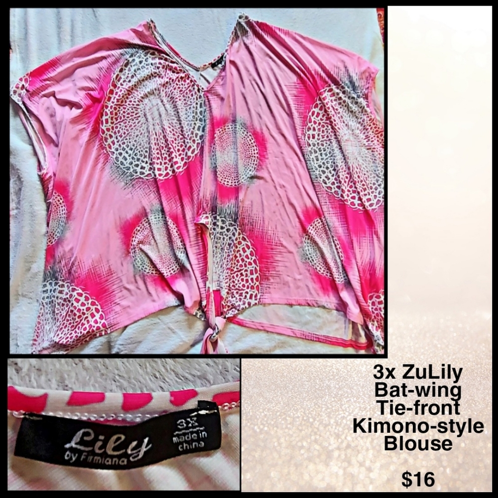 3X ZuLily Batwing Tie-Front Kimono-style Tee